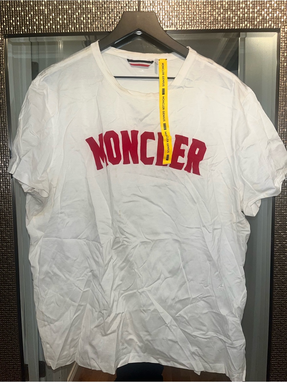 Moncler White Short Sleeve Tee with Red Chest Logo